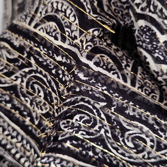 ECHO Paisley Silk Scarf Black White & Gold metallic pin stripe 16”x 59” - Picture 5 of 7